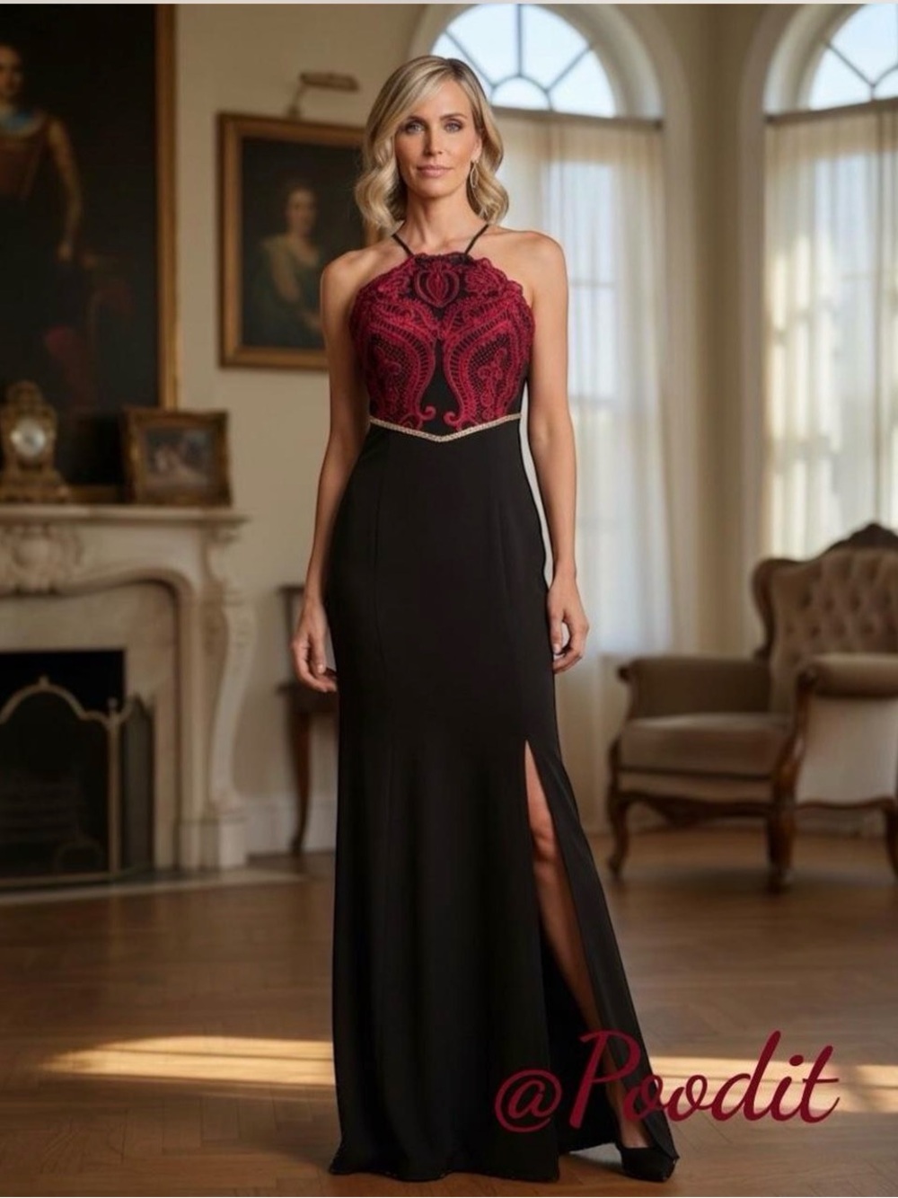 SOIEBLU elegant high slit front burgundy black long dress S M L